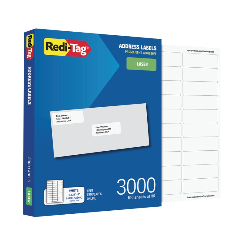 Redi-Tag Address Labels, Value Bulk Box, 3000 Blank (100 Sheets of 30), 1"" x 2.625"", for Laser Printers Only, Free Online Templates (1009572) - Image 1